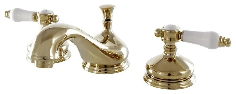 Sleek Widespread Bathroom Faucet with Porcelain Levers & Brass Construction, Polished Brass