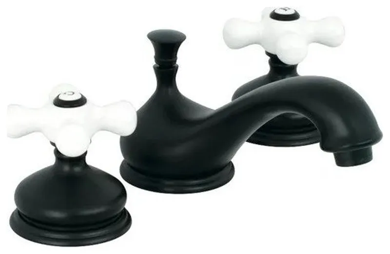 Solid Brass 8" Widespread Faucet with White Cross Handles and Pop-Up Drain, Black