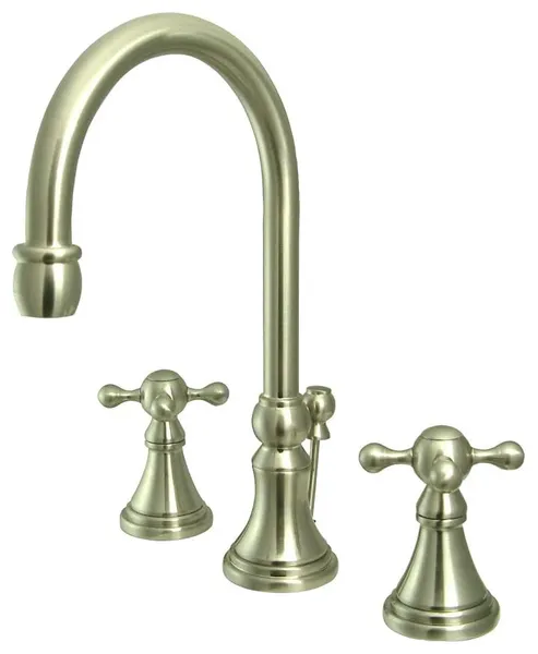 Solid Brass Bathroom Faucet with High Arch, Widespread and Crossed Handles, Brushed Nickel
