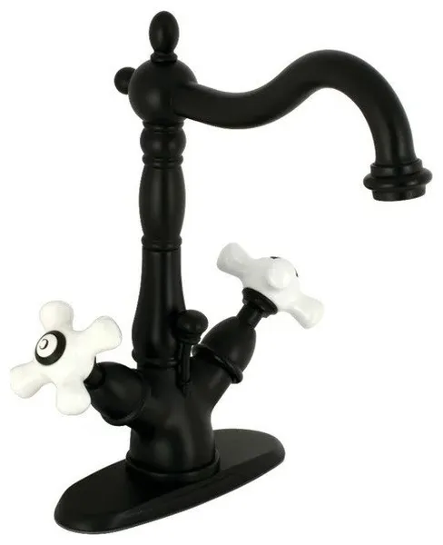 Solid Brass Two-Handle Centerset Faucet with Drip-Free Cartridge & Pop-Up Drain, Black