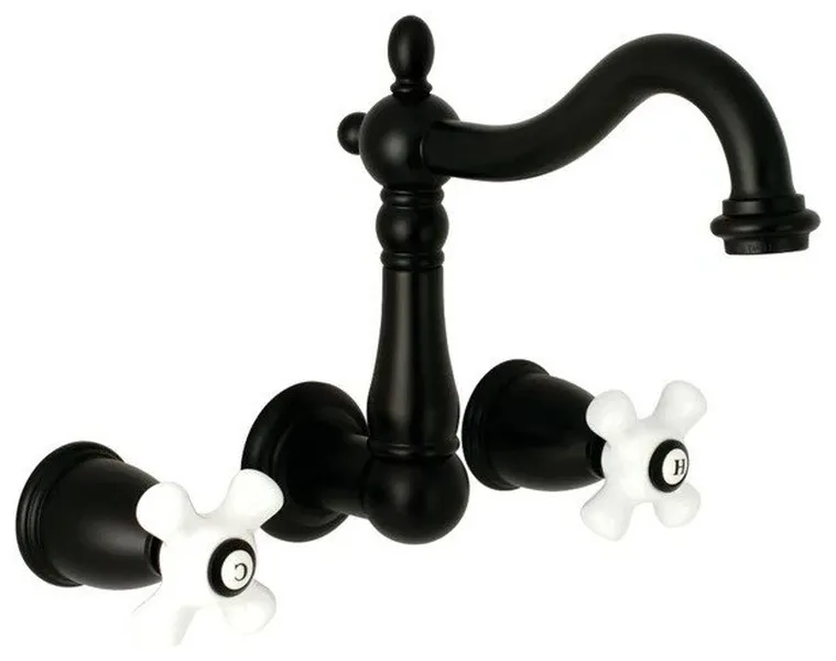 Solid Brass Wall-Mount Faucet with High-Arc Swivel Spout and Cross Handles, Black