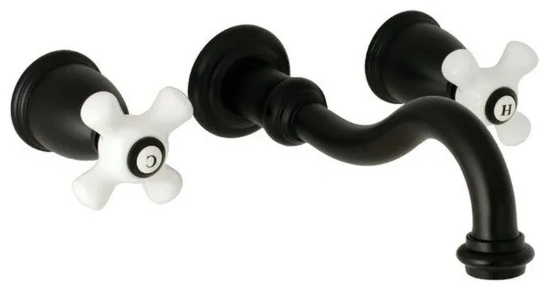 Solid Brass Wall-Mount Faucet with White Cross Handles and Drip-Free Cartridge, Black