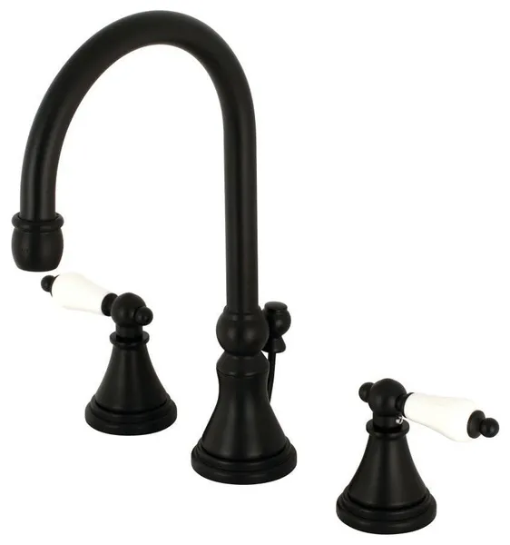 Solid Brass Widespread Bathroom Faucet with Ceramic Disc and White Lever Handles, Matte Black