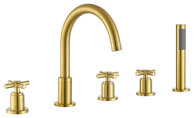 Sorlia Cross Handles Deck-Mount Roman Tub Faucet With Handshower, Brushed Gold
