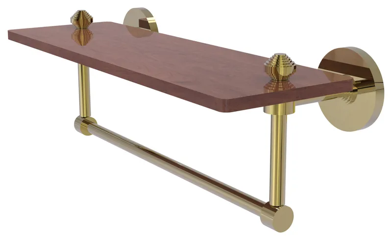 South Beach 16" Solid Wood Shelf with Towel Bar, Unlacquered Brass