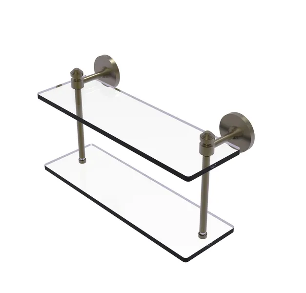 Southbeach 16" Two Tiered Glass Shelf, Antique Brass