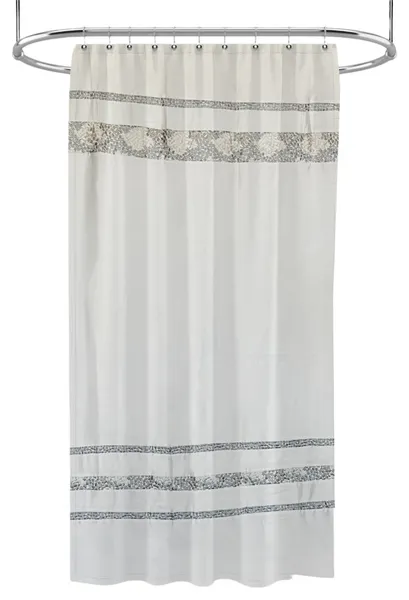 Spa Tile White Soft Fabric Shower Curtain With Multicolor Embroidered Tile Bands, White, 70x75