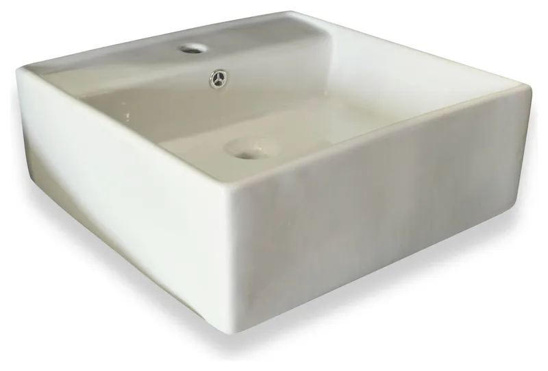 Square Ceramic Sink With Overflow Valve, White, 18.5"