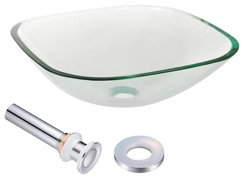 Square Tempered Glass Vessel Sink Basin, Mounting Ring 1 1/2" Pop Up Drain Set
