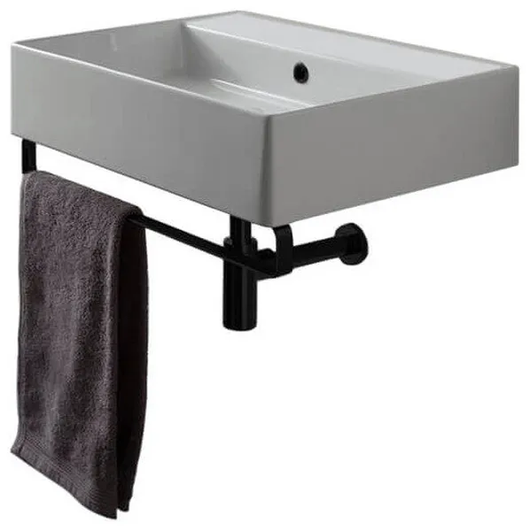 Square Wall Mounted Ceramic Sink With Matte Black Towel Bar, No Hole