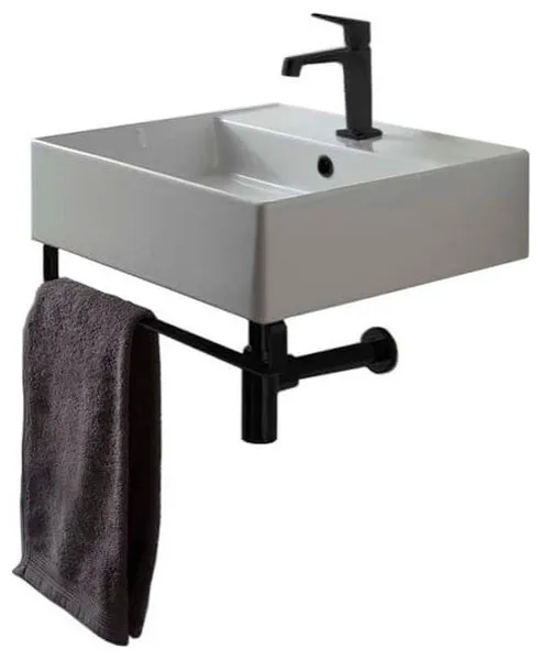 Square Wall Mounted Ceramic Sink With Matte Black Towel Bar, One Hole