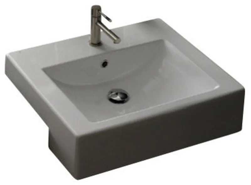 Square White Ceramic Semi-Recessed Sink, One Hole