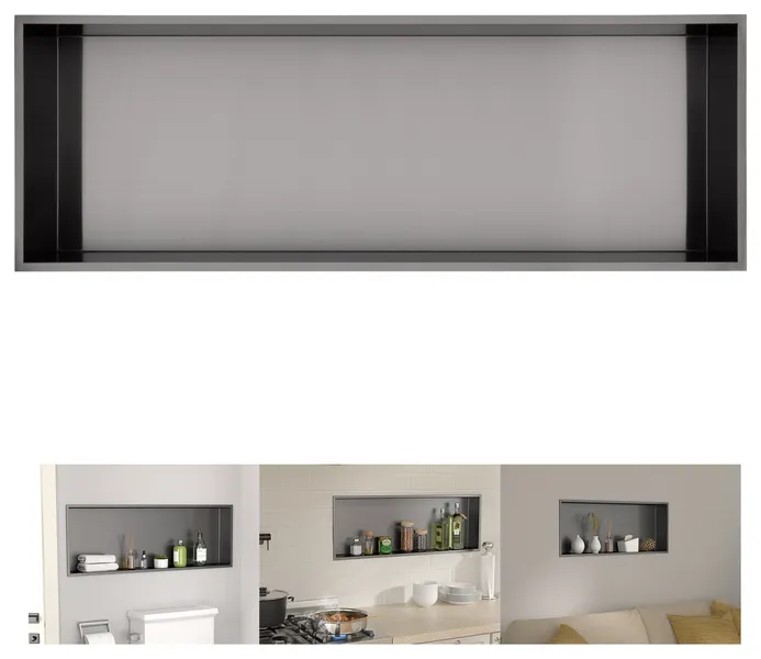 Stainless Steel Shower Niche No Tile Needed Recessed Single Shelf 37", Black