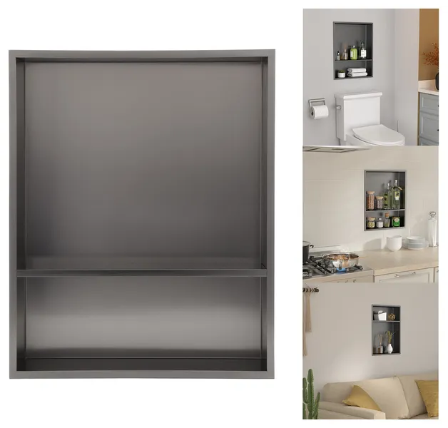 Stainless Steel Shower Niche Recessed No Tile Needed Double Layer 17x21, Black