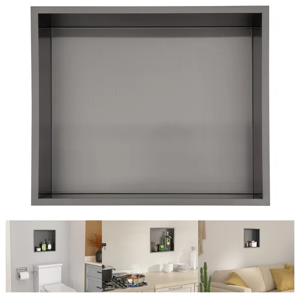 Stainless Steel Shower Niche Recessed Single Shelf No Tile Needed 15", Black