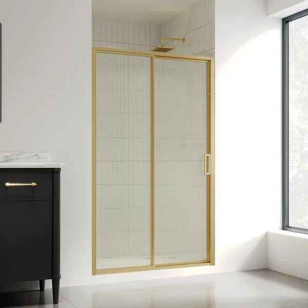 Stanford Sliding Fluted Alcove Shower Door, Brushed Gold, Fluted Glass, 48"