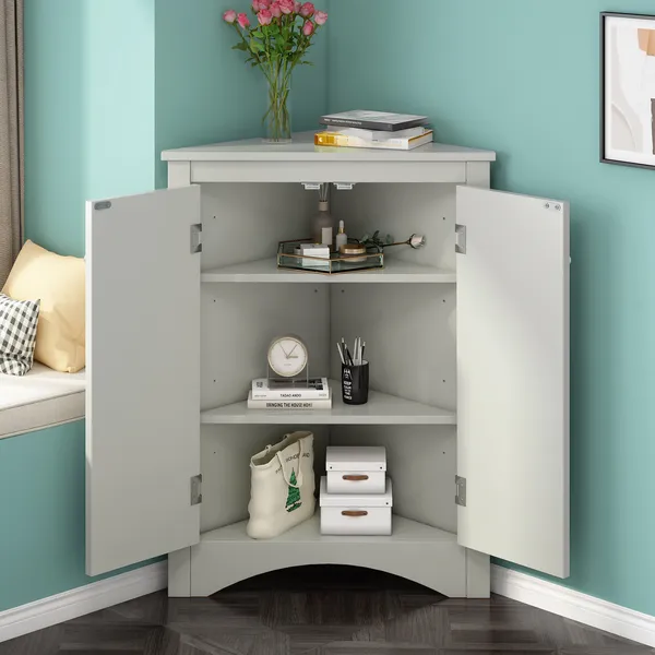 Stylish Triangle Bathroom Storage Cabinet with Adjustable Shelves, Gray