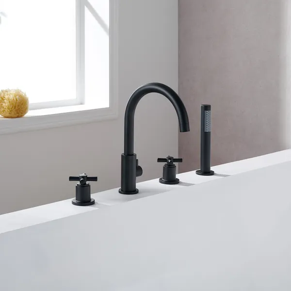 Sundale Cross Handles Deck-Mount Roman Tub Faucet, Matte Black