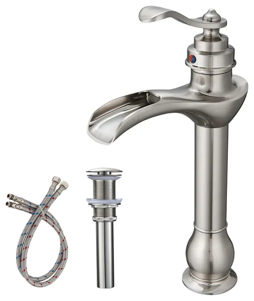 Tall Body Single Handle Vessel Bathroom Sink Faucet with Pop Up Drain, Brushed N
