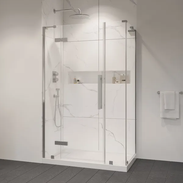 Tampa Corner Frameless Pivot Hinge Shower Door Kit With Base Pan, Satin Nickel, 48x36"