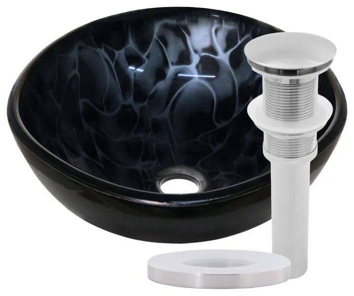 Tartaruga Mini 12" Hand Painted Black & Silver Round Glass Vessel Sink & Drain, Brushed Nickel