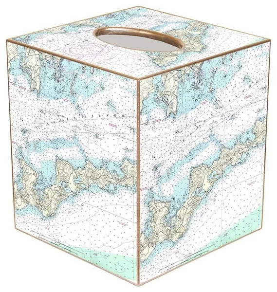 TB1490-Fishers Island Nautical Chart Map Tissue Box Cover