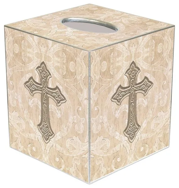 TB1627 - Beige Damask with Cross Tissue Box Cover