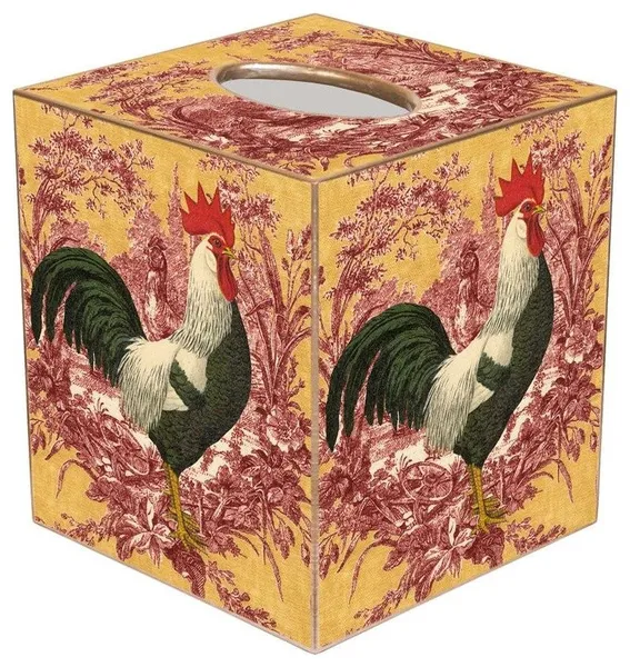 TB169-RR Rooster on Red and Gold Toile Tissue Box Cover