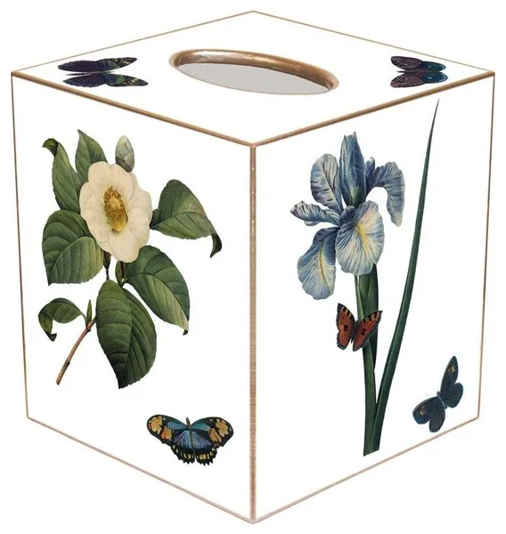 TB2-White-White Gardenia,White Camellia & Blue Irises Tissue Box Cover