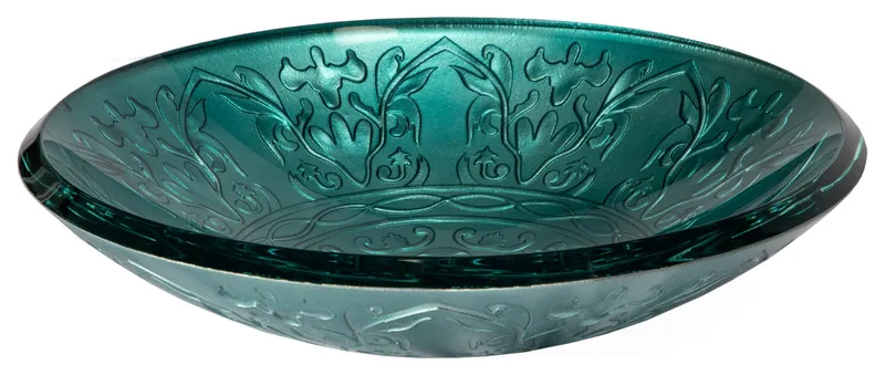 Teal Glass Vessel Sink With Embossed Pattern