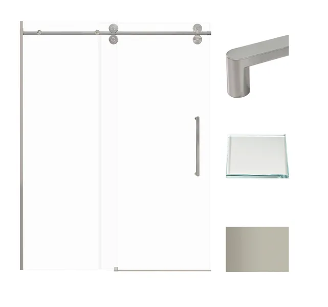 Teegan Sliding Shower Door, Fixed, Clear Glass, Brushed Stainless, Riley Handle