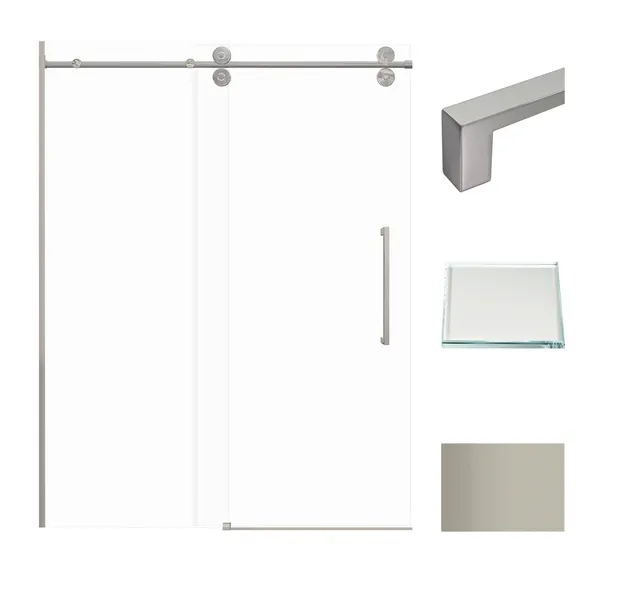Teegan Sliding Shower Door, Fixed, Clear Glass, Brushed Stainless, Sabrina
