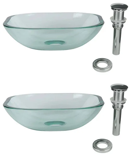 Tempered Glass Vessel Sink with Drain, Clear Square Mini Bowl Sink Pack of 2