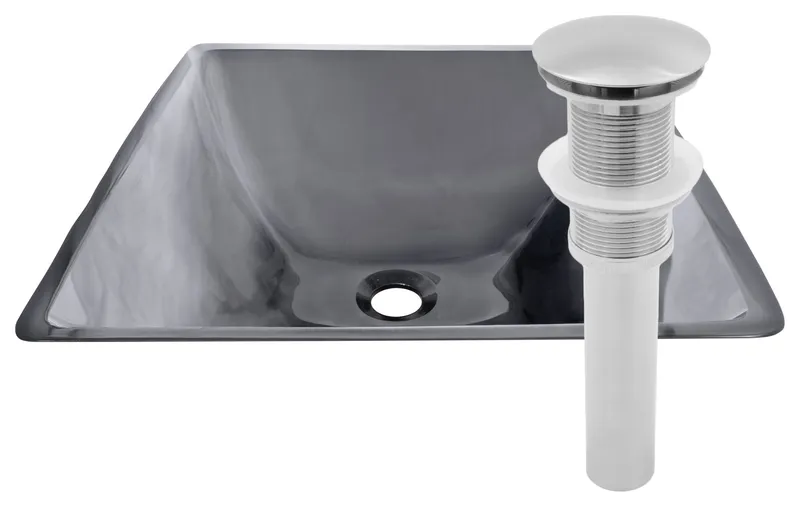 The Quadrato Clear Gray Square Tempered Glass Vessel Bathroom Sink with Drain, Brushed Nickel