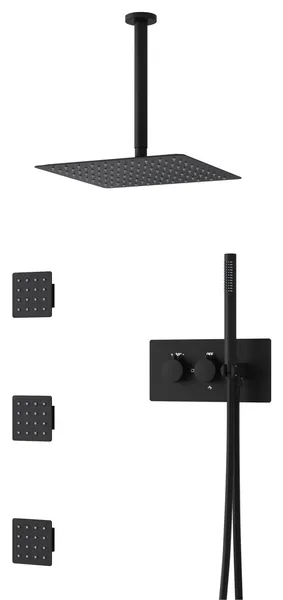 Thermostatic Shower System 12” Square Shower Head, Body Jets and Hand Shower, Chrome