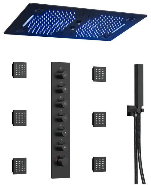 Thermostatic Shower System  28" x 16" LED rainfall shower head, Matte Black