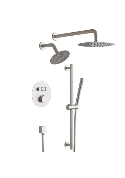 Thermostatic Shower System, Dual Shower Head, Ceiling or Wall Mount, Brushed Nickel, Bn