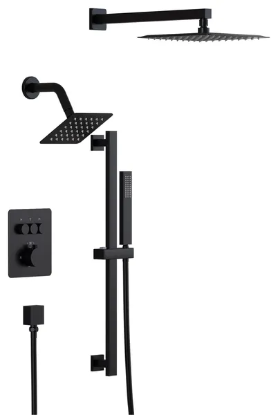 Thermostatic Shower System, Dual Shower Head, Ceiling or Wall Mount, Matte Black