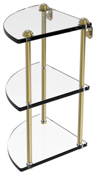 Three Tier Corner Glass Shelf, Unlacquered Brass
