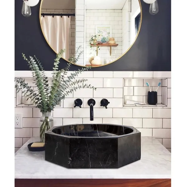 Toros Black Marble Octagon Vessel Sink Bowl Polished, (D)16" (H)5"
