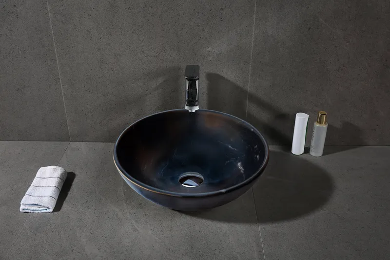 Toros Black Natural Stone Marble Vessel Sink Semi-Polished, (D)16" (H)6"