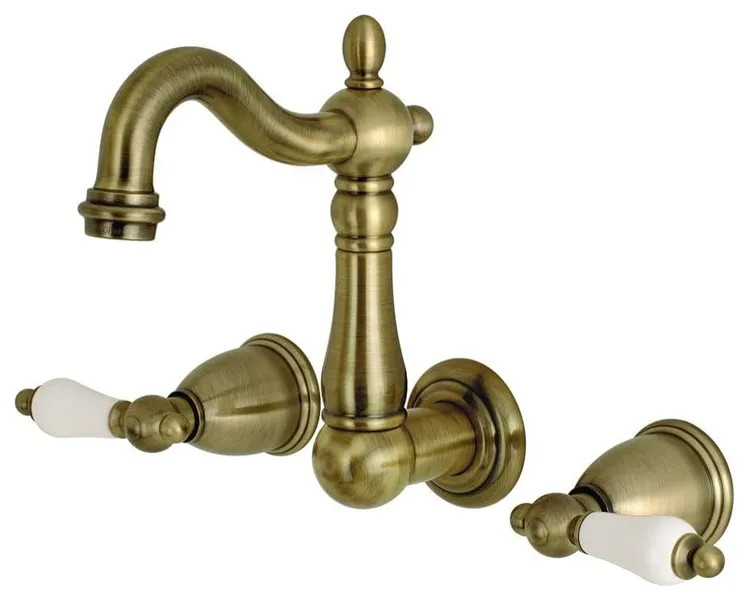 Traditional Brass Wall Faucet with ADA Compliant Porcelain Handles, Antique Brass