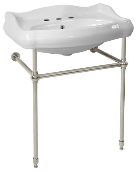Traditional Ceramic Console Sink With Satin Nickel Stand, Three Hole