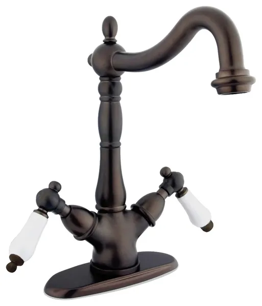 Traditional Vessel Sink Faucet with Curved Spout & Dual Lever Handles, Bronze