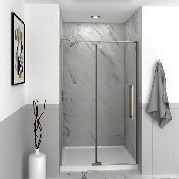 Transolid Irene 48"W x76"H Pivot Shower Door in Brushed Stainless w/ Clear Glass