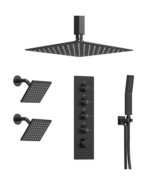 Triple Shower System 16" Rainfall Dual Shower Head with Thermostatic Valve, Matte Black