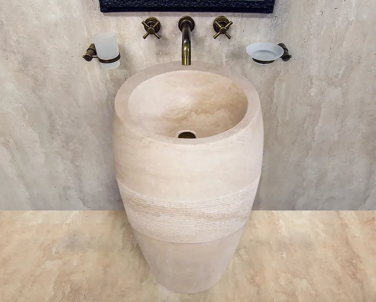 Troia Light 3 piece Travertine Pedestal Stand-alone Sink Curved Honed, D16", H