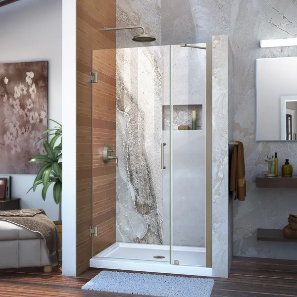Unidoor 36-37"Wx72"H Frameless Hinged Shower Door, Support Arm, Brushed Nickel