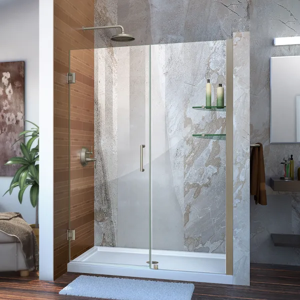 Unidoor 52-53"Wx72"H Frameless Hinged Shower Door, Shelves, Brushed Nickel