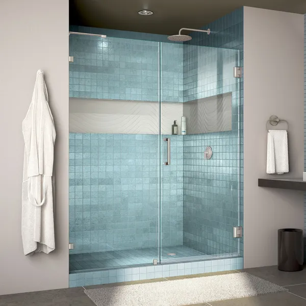 Unidoor Lux 55"W Fully Frameless Hinged Shower Door, L-Bar, Brushed Nickel
